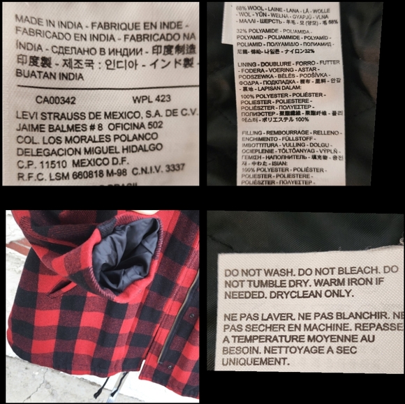 Large LEVI'S red black Buffalo plaid checkers hooded coat jacket quilted lining - Picture 16 of 16